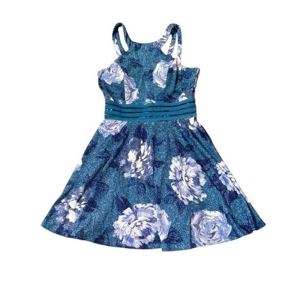 City Studio Girls Teal Glitter Printed Sleeveless Halter Fit + Flare Dress Sz 7 - Picture 5 of 6